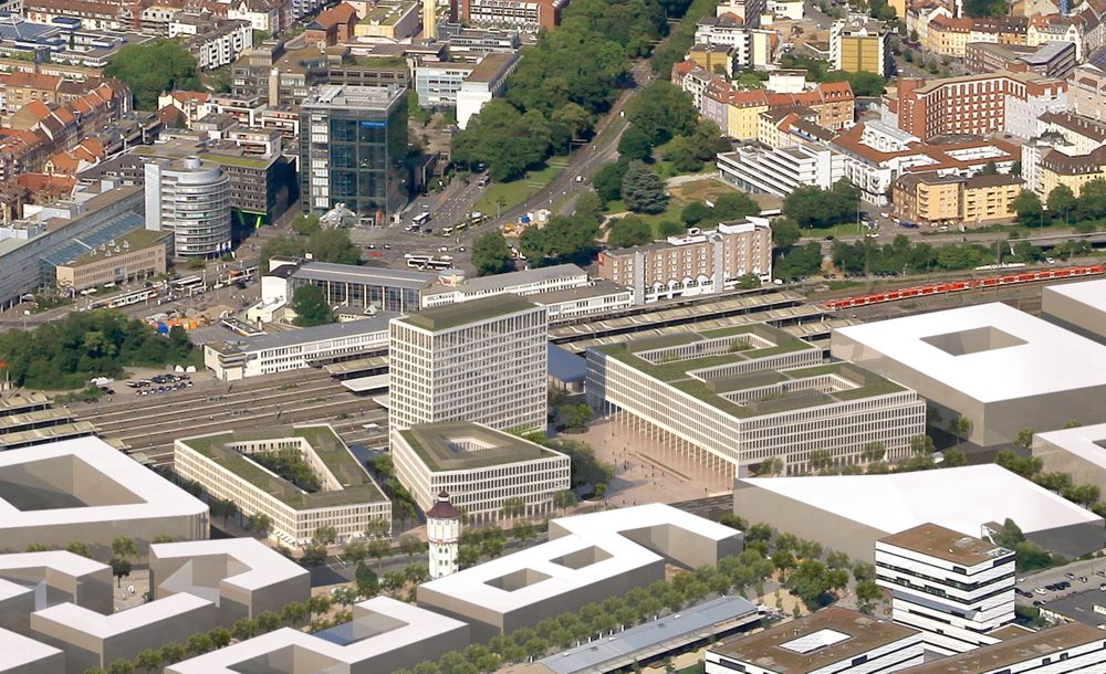 Schrägluftbild Hauptbahnhof Heidelberg mit fotorealistischem 3D-Modell der Bebauung Europaplatz